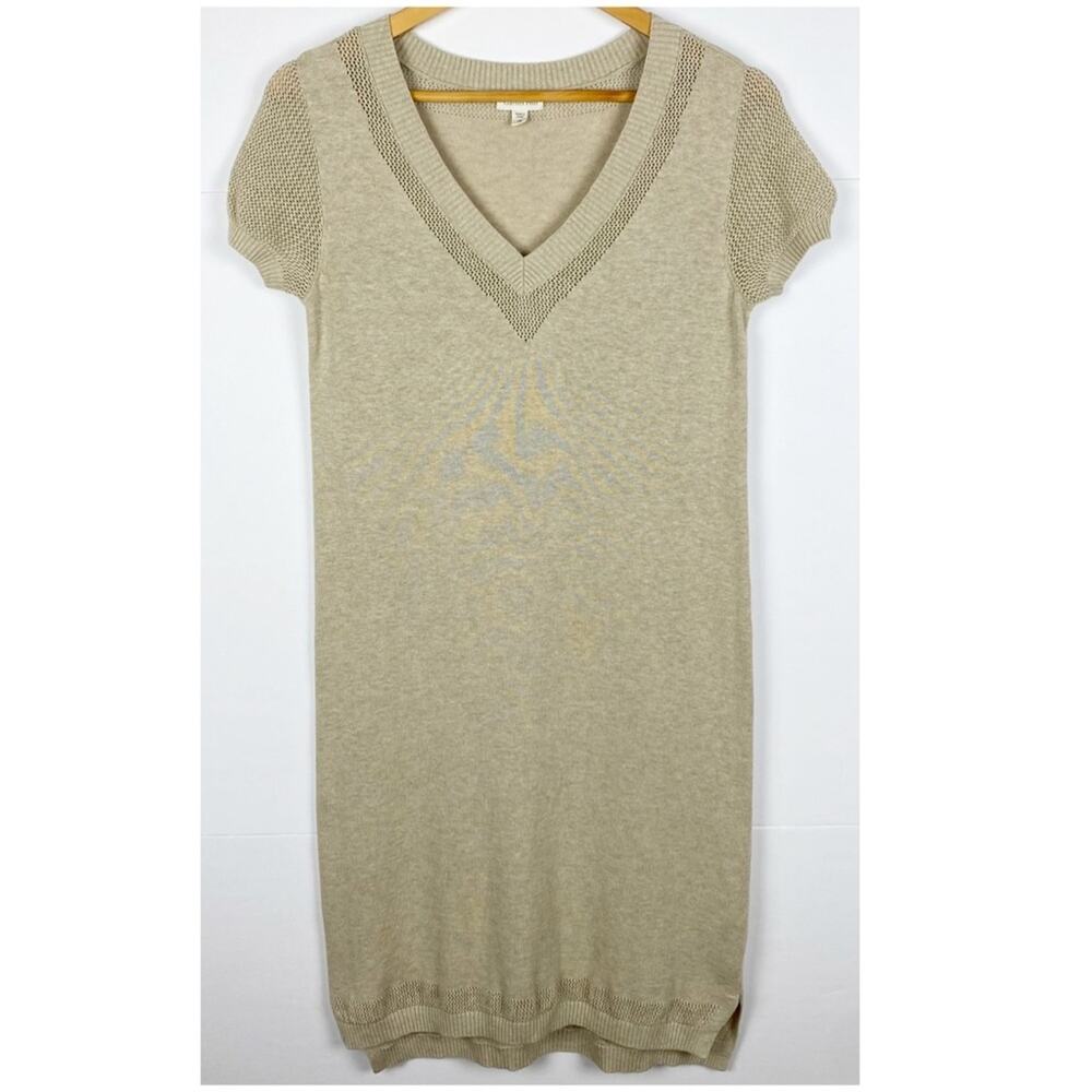 Garnet Hill Beige Knit V-Neck Short Sleeve Dress